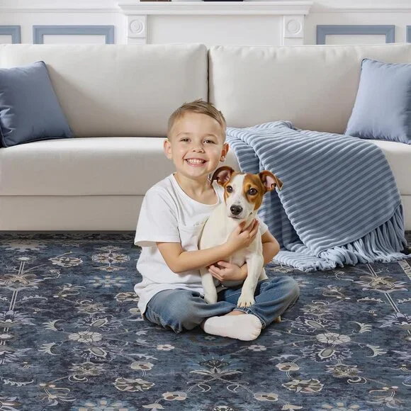 5x7 Blue Area Rug for Bedroom Living Room, Washable Vintage Floral Rug Non Slip, - Picture 7 of 9